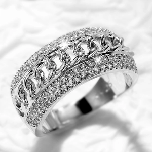 Anello a catena cubana con zirconi micro-pave in acciaio inossidabile color argento