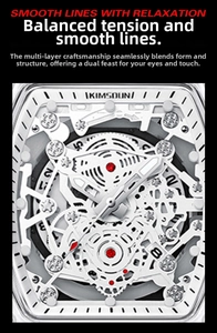 Macro shot of Kimsdun tonneau watch dial with intricate skeleton mechanical details