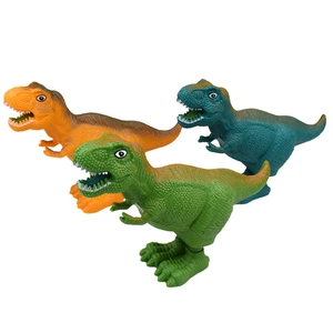 Three colorful wind-up dinosaur toys in orange, green and blue with realistic textures