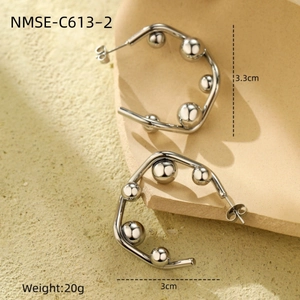 Detailed view of silver C-shaped stainless steel earrings with weight and size metrics