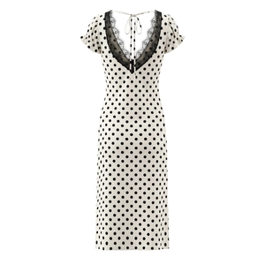 Robe midi à pois pour femmes avec dos nu en V orné de dentelle et détails à nouer