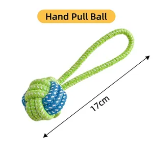 Detail view of green and blue cotton dog rope toy with dimensions and handle