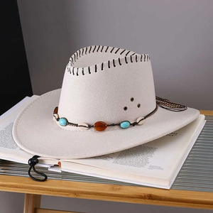 Beige wool felt western cowboy hat with turquoise beads and shell trim bohemian style