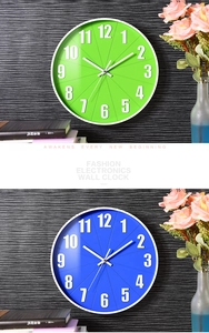 Detail of vibrant green and blue 12-inch wall clocks with 3D numbers and textured dial