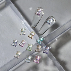 Holographic 3D resin bear nail art charms with iridescent shimmer for DIY manicures