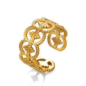 Roman style hollow clover geometric open ring in gold plated stainless steel