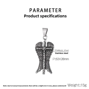 Macro detail of gothic angel wing cross pendant with vintage stainless steel texture
