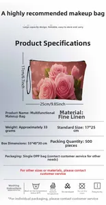 Detail specifications of rose floral linen makeup bag with 17x25cm size and 33g weight