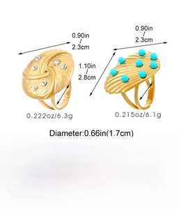 Size chart showing stainless steel ring dimensions, weight, and material specifications
