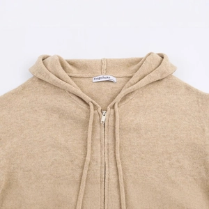Oatmeal knit hooded jacket with zipper and drawstrings for 2025 autumn winter casual style
