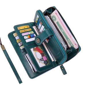 Forest green RFID leather long wallet with zipper and multiple slots for cards and phone