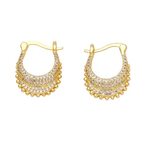 Gold plated horseshoe hoop earrings with pave set zircons and beaded edge detail