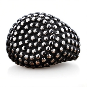 Vintage stainless steel ring with embossed polka dot texture in silver and black finish