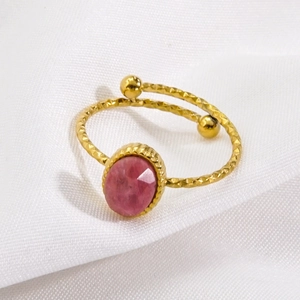Hammered 14K gold plated open ring for women with an oval pink gemstone and carved texture