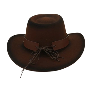 Close-up of a vintage brown felt cowboy hat with leather band and rope knot detail