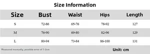 Detailed size chart with bust, waist and hip measurements for slim fit slit maxi dress