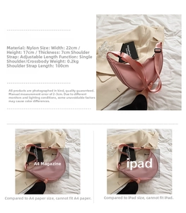 Detailed size specifications for pink nylon crossbody bag with dimensions 22x17x7cm