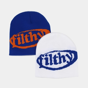 Detailed close-up showing jacquard filthy letter knit patterns on soft beanie hats
