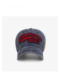 Front detail of washed cotton baseball cap with 3D red embroidery and vintage faded effect