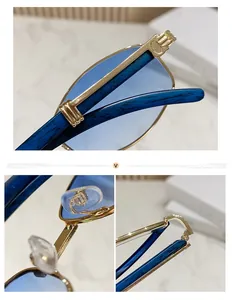 Details des Goldmetallrahmens mit blauem Marmormuster an den Bügeln und Nasenpads