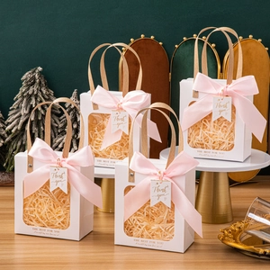 Gift Bags Transparent Window Cardboard Handbag Ribbon Bow Birthday Wedding Party Favor Packaging