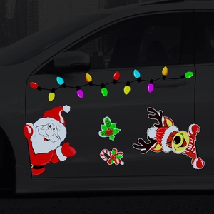 Reflective Christmas magnets with Santa, reindeer and light bulbs on a car side door