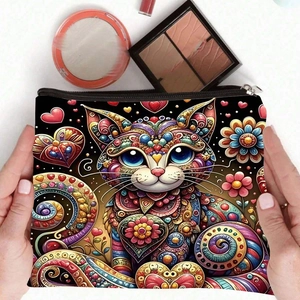 Trousse à maquillage en toile avec chat artistique et motifs mandala colorés