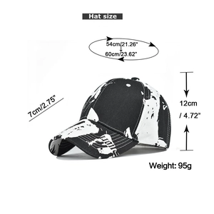 Detailed size guide for black tie-dye baseball cap with 54-60cm adjustable head circumference