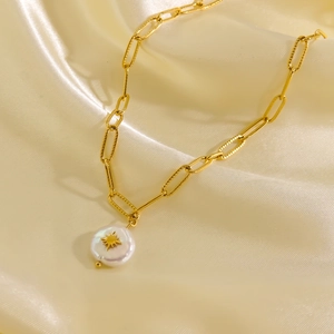 Baroque pearl necklace with gold star inlay on rectangle link chain, 14K gold plated
