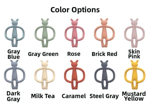 Detailed view of baby silicone teether set in ten pastel colors and rabbit elephant shapes