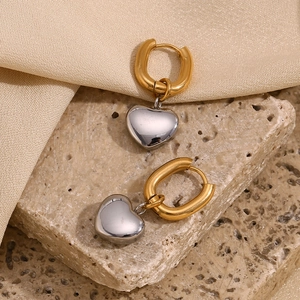 Minimalist 18K gold plated hoop earrings with silver heart pendant on stone base