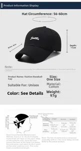 Detailed size chart for the black baseball cap showing brim width and head circumference