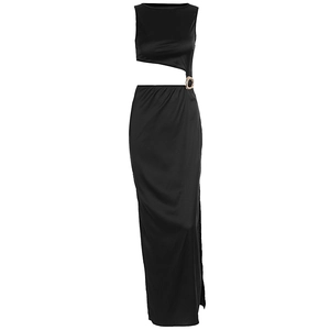 Detail of elegant black satin maxi dress featuring a side cutout and golden oval buckle