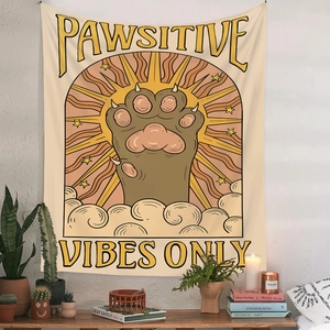 Bohemian sun and cat paw tapestry with Pawsitive Vibes Only text for room wall decor