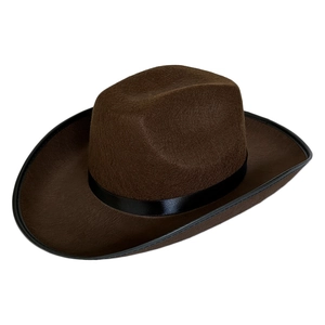 Close-up of brown felt cowboy hat with black satin ribbon and wide structured brim
