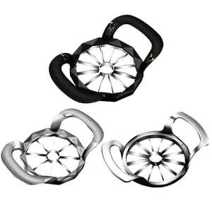 Three premium zinc alloy apple slicers in black and silver finishes on white background