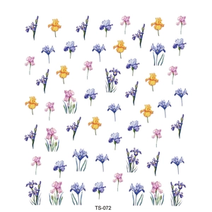 Exotic floral nail art stickers featuring colorful iris patterns and model TS-072