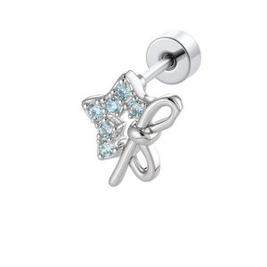 Star and bow cartilage piercing stud with light blue zircon stones on white background