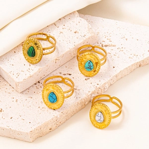 Classic 304 stainless steel adjustable rings with water drop gemstones and textured finish