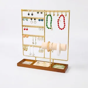 Présentoir À Bijoux Organisateur Cadre Métallique Base En Bois Support Multi Niveaux Pour Boucles Oreilles Colliers Bagues
