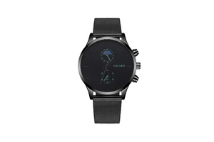 Macro detail of YOLAKO men's black quartz watch with steel mesh strap and moon phase dial