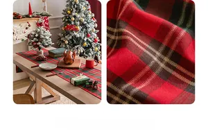 Close-up of red and green plaid Christmas table runner with fabric texture detail