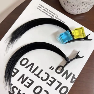 Cosplay hair clip featuring black long synthetic hair with blue and yellow cube accents