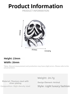 Detailed view of octopus skull ring size measurements and titanium steel material data