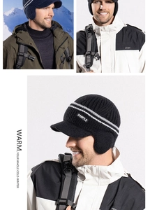 Detailed view of men's winter knit hat with ear protection and warm fleece lining