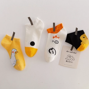 Funny cartoon white goose and yellow duck low cut socks in white black and yellow