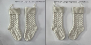 Detail comparing large knitted Christmas stockings showing old vs upgraded stitching