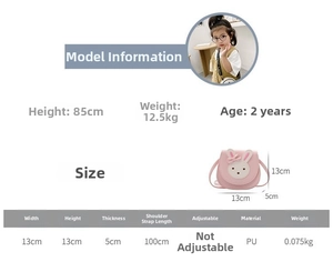 Size chart for pink rabbit crossbody bag showing 13x13x5cm dimensions and PU material