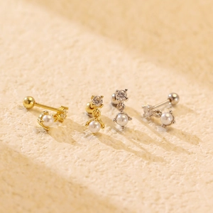 Elegant s925 silver pearl earrings with zircon inlay and secure screw back closure
