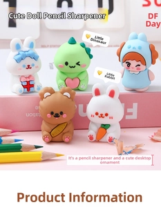 Close-up of cute cartoon animal pencil sharpeners in pastel colors for school kids